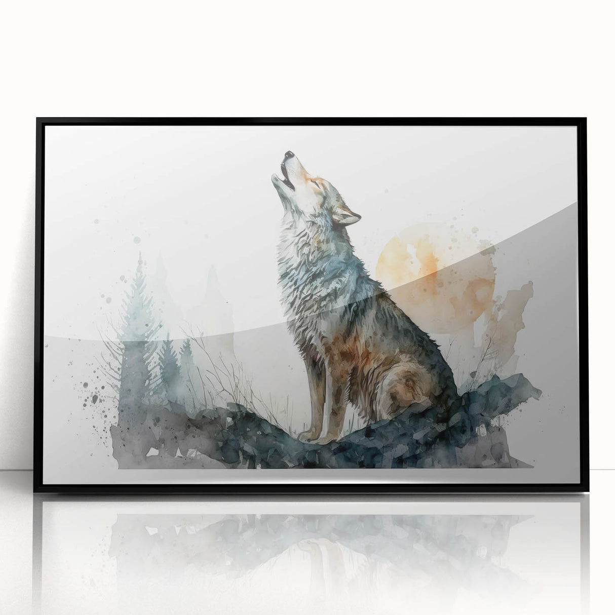 Framed acrylic wall art featuring a striking wolf design, set against a sleek black background, ideal for modern home decor enthusiasts. Perfect for wildlife lovers.