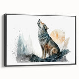 Framed canvas wall art showcasing a striking wolf design with a black border, highlighting intricate details and textures, perfect for animal lovers and home decor.
