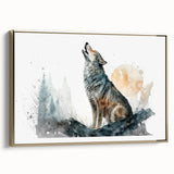 Framed wall art featuring a striking wolf design in a wild landscape, showcasing intricate details and a gold frame, perfect for nature lovers and home decor enthusiasts.