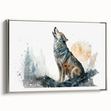 Framed wall art featuring a striking silver side view of a wolf design, showcasing intricate details and vibrant colors, perfect for animal lovers and modern decor.