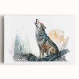 Stretched canvas wall art showcasing a striking wolf design in a natural setting, featuring intricate details and vibrant colors, perfect for animal lovers and home decor enthusiasts.