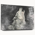 Acrylic glass wall art showcasing a striking wolf design from the Wildlife Collection, featuring a side view with vibrant colors and decorative pins for display. Perfect for nature enthusiasts and modern decor.