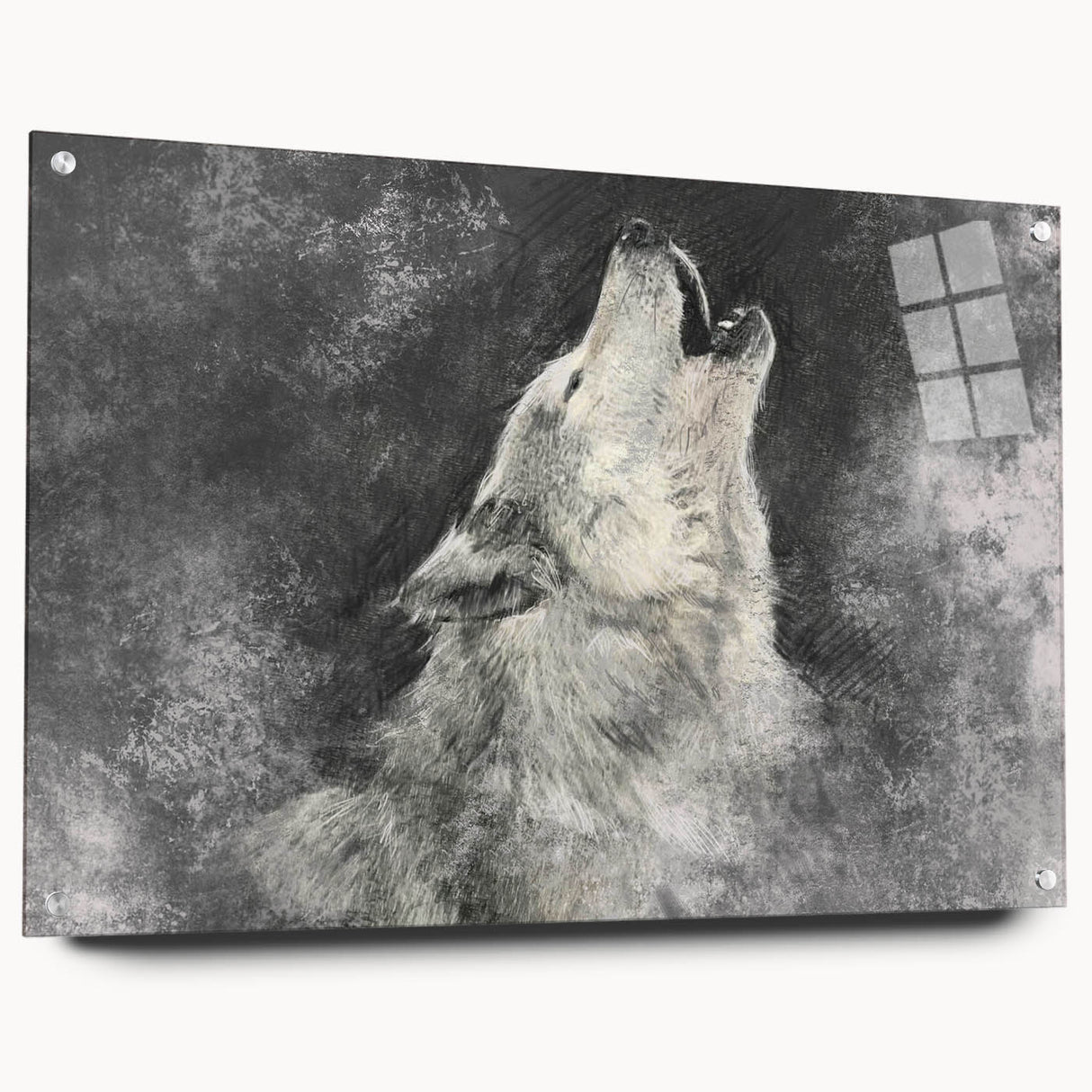 Acrylic glass wall art showcasing a striking wolf design from the Wildlife Collection, featuring a side view with vibrant colors and decorative pins for display. Perfect for nature enthusiasts and modern decor.