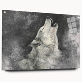 Acrylic glass wall art showcasing a striking wolf design from the Wildlife Collection, featuring a side view with vibrant colors and decorative pins for display. Perfect for nature enthusiasts and modern decor.