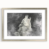 Framed wall art collection featuring a striking wolf design in silver, set against a minimalist background, perfect for nature-themed decor and wildlife enthusiasts.