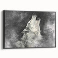 Framed wall art showcasing a striking wolf design on canvas, presented in a sleek black frame, ideal for animal lovers and nature-themed decor.