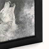 Close-up of a framed canvas art piece showcasing a striking wolf design, featuring intricate details and vibrant colors, perfect for wildlife enthusiasts and home decor.