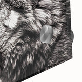 Close-up of a stunning acrylic wall art piece featuring a majestic wolf in a wild landscape, highlighting intricate details and vibrant colors, perfect for animal lovers.