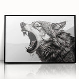 Framed acrylic wall art featuring a striking wolf design from the "Animals of the Wild" collection, set against a sleek black background, perfect for nature lovers.