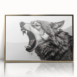 Framed wall art featuring a striking wolf design in acrylic with a gold border, showcasing intricate details and vibrant colors, perfect for wildlife enthusiasts.