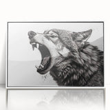 Framed wall art featuring a striking wolf design set against a white background, showcasing vivid colors and detailed textures, perfect for animal lovers and home decor enthusiasts.