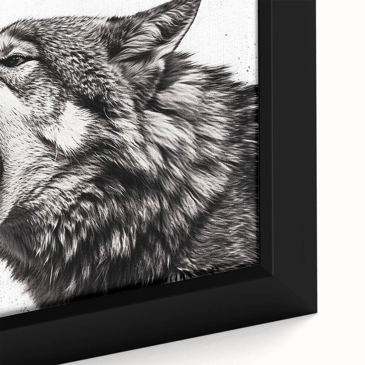 Close-up of a framed canvas wall art featuring a striking wolf design, showcasing intricate details and vibrant colors, perfect for wildlife enthusiasts and home decor.