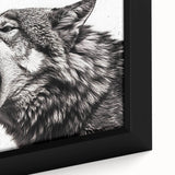 Close-up of a framed canvas wall art featuring a striking wolf design, showcasing intricate details and vibrant colors, perfect for wildlife enthusiasts and home decor.