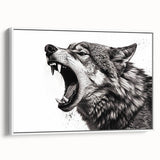 Framed canvas wall art featuring a striking wolf design in a minimalist style, showcasing the animal in a naturalistic setting with a white background, ideal for wildlife enthusiasts and home decor.