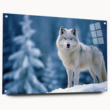 Side view of a wolf design wall art piece made from acrylic glass, showcasing intricate details and vibrant colors, displayed with pins for mounting.