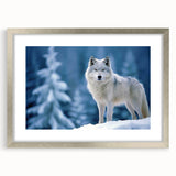 Framed wall art showcasing a striking wolf design in a silver frame with a mat, ideal for wildlife enthusiasts and home decor lovers. The artwork captures the essence of nature, combining intricate details and a bold color palette to enhance any space.