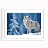 Front view of a framed wall art collection showcasing a striking wolf design, featuring a white mat and sleek frame that enhances the artwork's natural beauty.