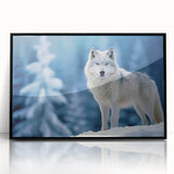 Framed wall art featuring a striking black acrylic design of a wolf, showcasing intricate details and vibrant colors, perfect for animal lovers and modern decor.