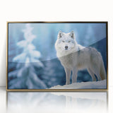 Framed wall art design featuring a stunning wolf in a wild landscape, highlighted with a gold-acrylic finish, perfect for nature enthusiasts and home decor.