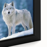 Close-up of a framed canvas featuring a striking wolf design, showcasing intricate details and vibrant colors, perfect for wildlife enthusiasts and home decor.