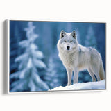 Framed canvas wall art featuring a striking wolf design, showcasing detailed fur textures and vibrant colors, displayed against a white background. Perfect for nature enthusiasts and home decor.