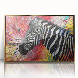 Framed wall art featuring a striking zebra design with gold accents, showcasing a modern wildlife theme. Ideal for adding an elegant touch to home decor.