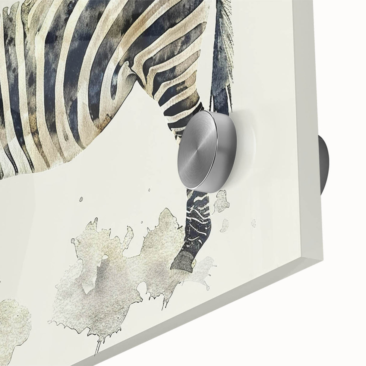Close-up of a vibrant zebra wall art design, showcasing intricate black and white stripes on acrylic glass, perfect for modern wildlife decor.