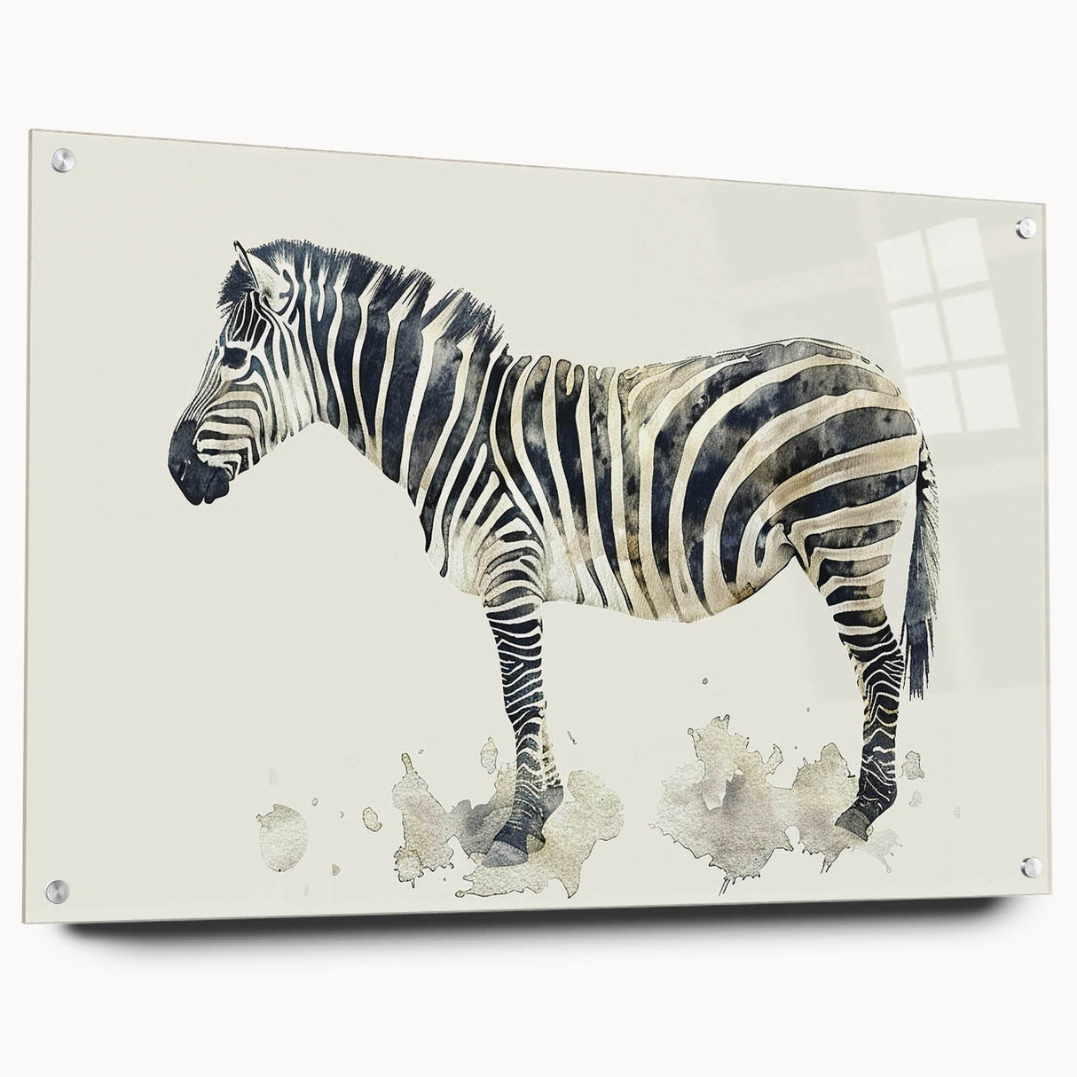 Side view of a zebra design wall art piece, showcasing vibrant colors and intricate details, mounted on acrylic glass with visible pins, ideal for wildlife decor.