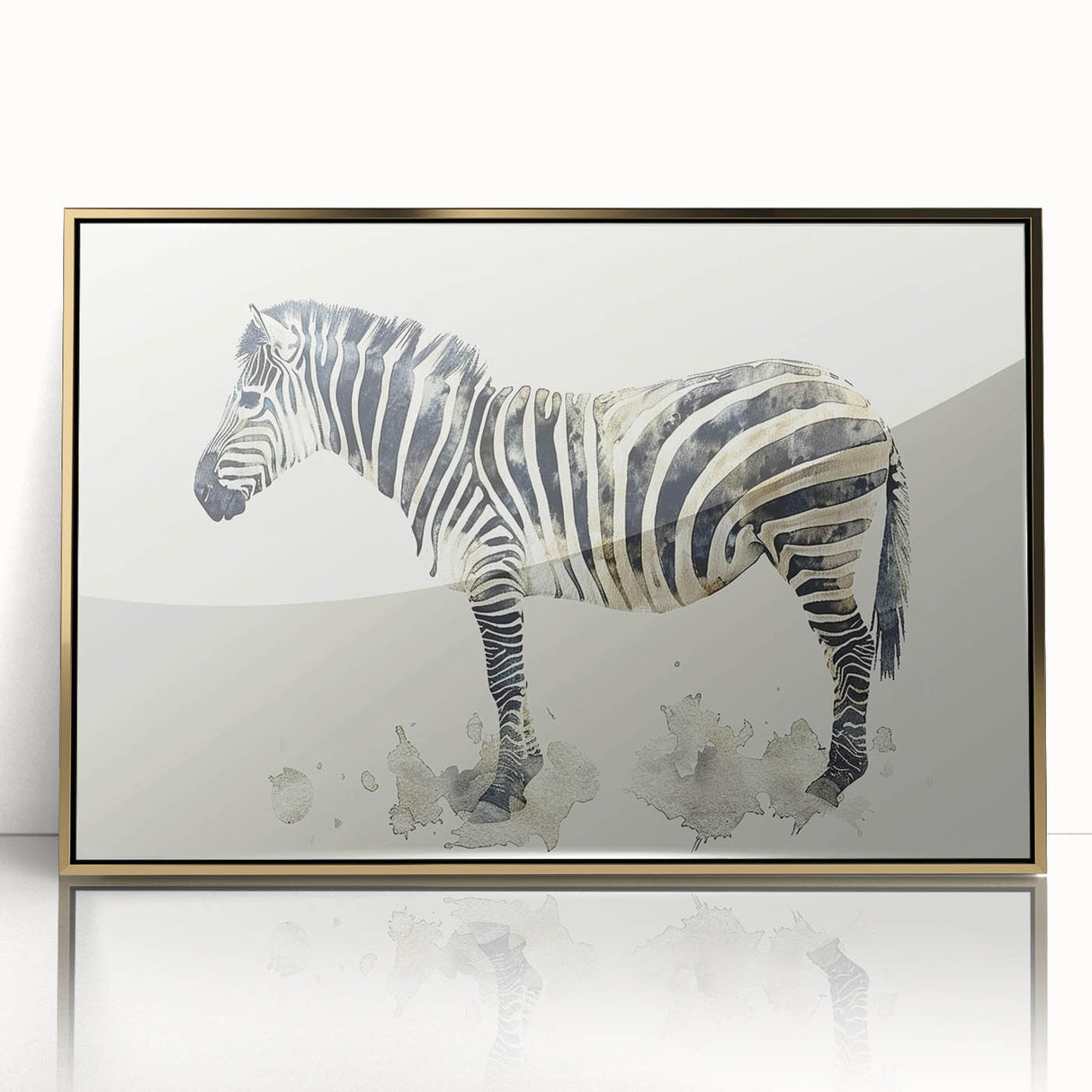 Framed wall art featuring a striking zebra design in black and white, accented with a gold border, ideal for modern home decor and wildlife enthusiasts.