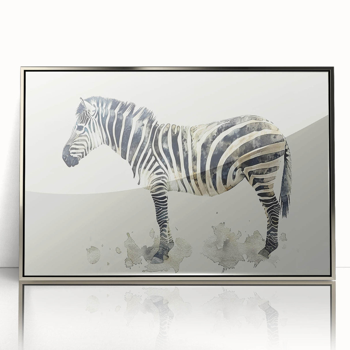 Framed wall art showcasing a striking zebra design, featuring bold black and white stripes, elegantly displayed in a sleek silver frame, perfect for modern decor.