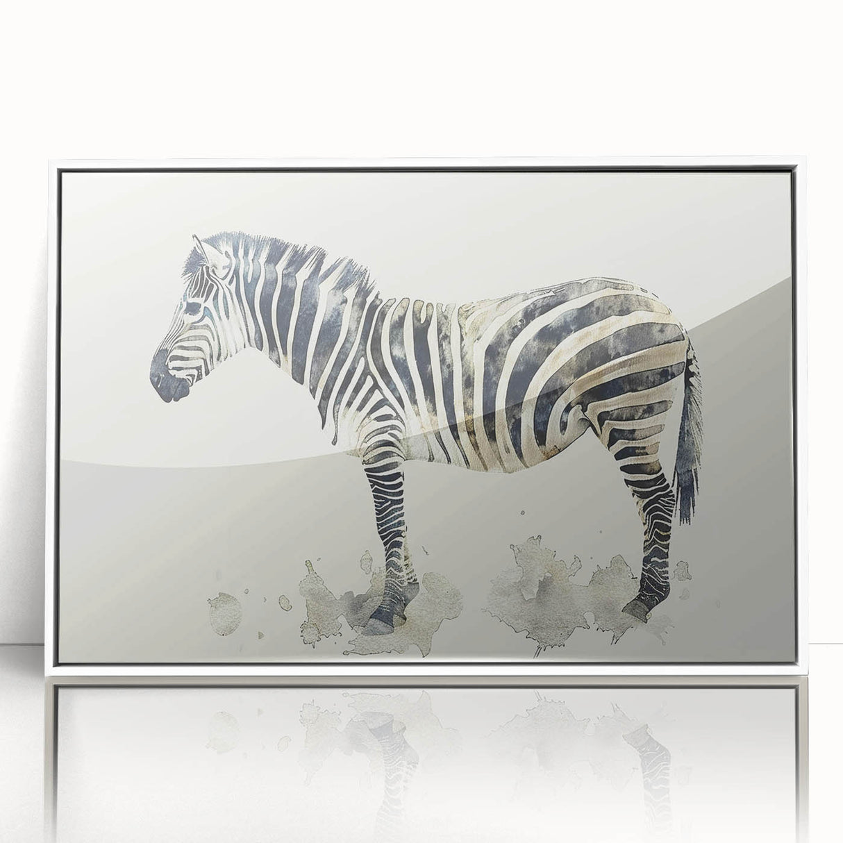 Framed wall art featuring a striking zebra design in black and white, set in a sleek white frame, perfect for adding a modern touch to any home decor.