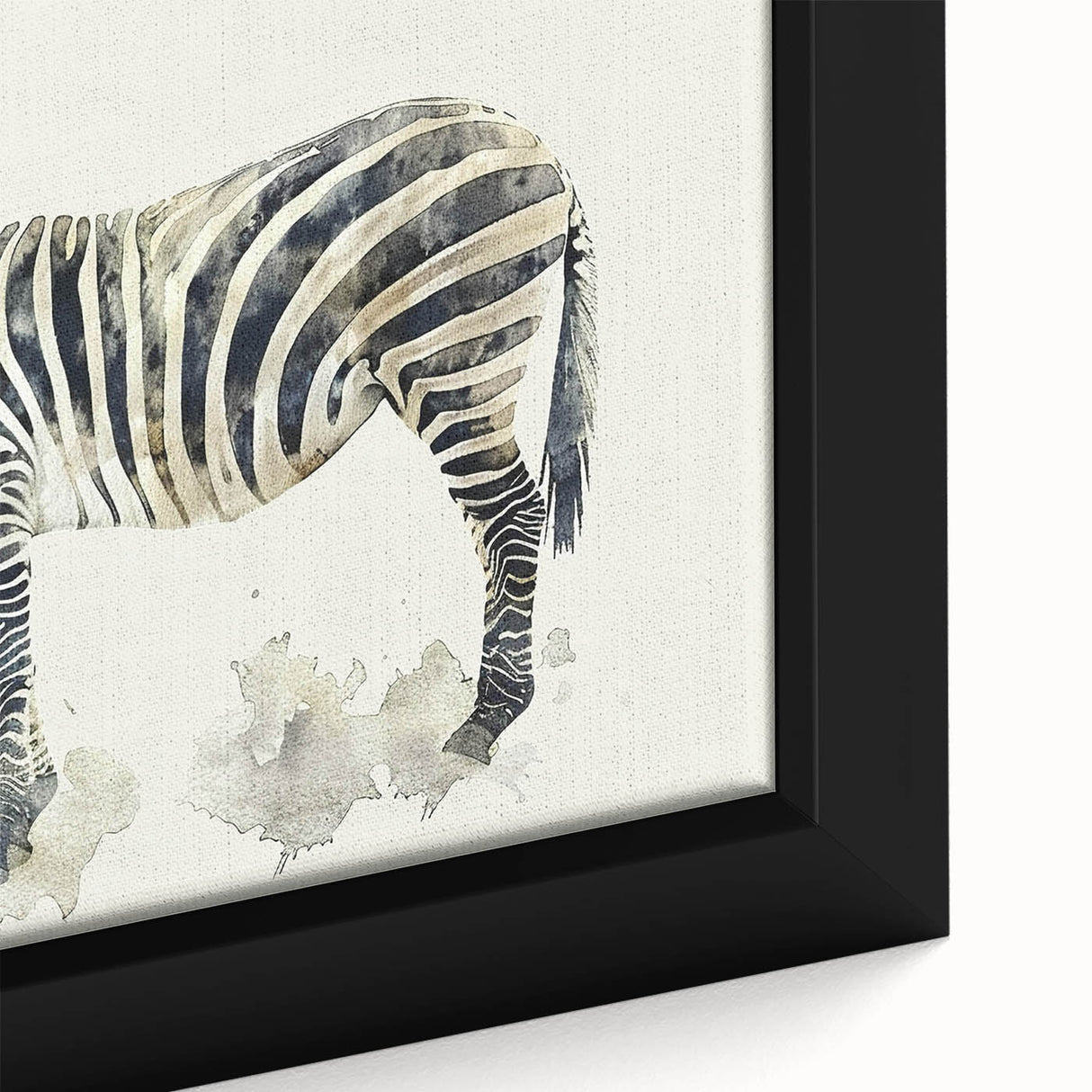 Close-up of a framed canvas featuring a vibrant zebra design, showcasing bold black and white stripes, ideal for animal-themed decor in homes or offices.