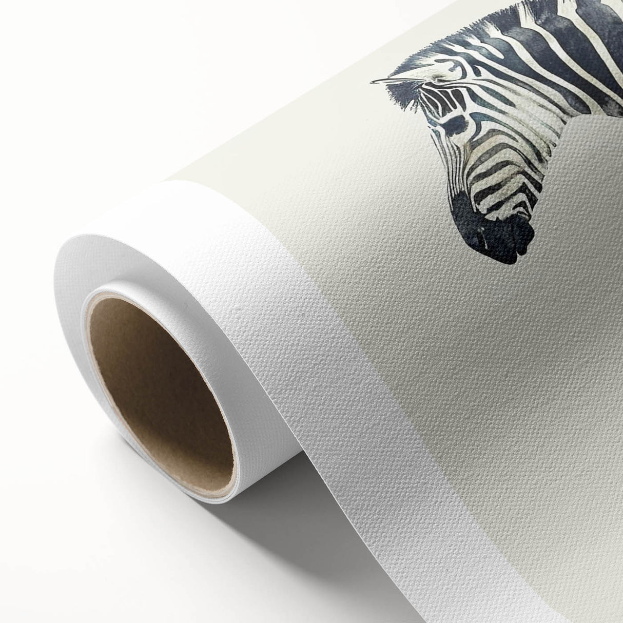Zebra design wall art on rolled canvas, showcasing a striking black and white pattern, ideal for enhancing modern decor in living spaces or offices.