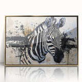 Framed wall art featuring a striking zebra design in gold and black, showcasing a modern aesthetic perfect for animal lovers and home decor enthusiasts. The piece is elegantly displayed, emphasizing its unique artistic flair and vibrant colors, ideal for enhancing any interior space.