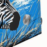Close-up of a vibrant zebra design wall art piece on acrylic glass, showcasing intricate details and bold black-and-white stripes, perfect for animal-themed decor.