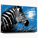 Stylish wall art featuring a striking zebra design, crafted from acrylic glass, showcasing vibrant details and colors, ideal for animal-themed decor. Perfectly framed with pins for easy display, enhancing any interior space with a touch of wildlife elegance.
