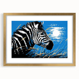 Framed wall art featuring a striking zebra design in gold accents, showcasing a modern aesthetic perfect for wildlife enthusiasts and contemporary home decor.