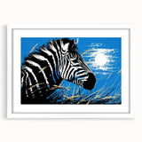 Framed wall art featuring a striking zebra design in black and white, set against a minimalist white mat, ideal for enhancing modern decor and wildlife-themed interiors.