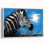 Framed wall art featuring a striking zebra design in monochrome, set against a white background, perfect for modern home decor or wildlife enthusiasts.