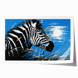 Zebra-themed wall art print showcasing detailed black and white stripes, featuring a vibrant, artistic design perfect for modern decor. Ideal for animal lovers and art enthusiasts.