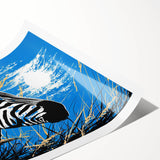 Zebra design wall art print showcasing bold black and white stripes, perfect for animal lovers and modern home decor, rolled and ready for framing.