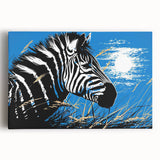 Stretched canvas wall art showcasing a striking zebra design in black and white, perfect for adding a touch of wildlife elegance to any room decor.