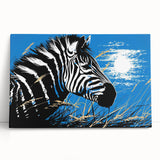 Stretched canvas wall art featuring a striking zebra design in black and white, perfect for adding a bold, modern touch to any room decor. Ideal for wildlife enthusiasts.