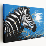 Side view of a stretched canvas wall art featuring a striking zebra design, showcasing bold black and white stripes against a vibrant background, ideal for wildlife enthusiasts.