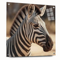 Side view of a modern acrylic wall art piece featuring a vibrant zebra design, elegantly displayed with pins, perfect for wildlife enthusiasts and home decor.
