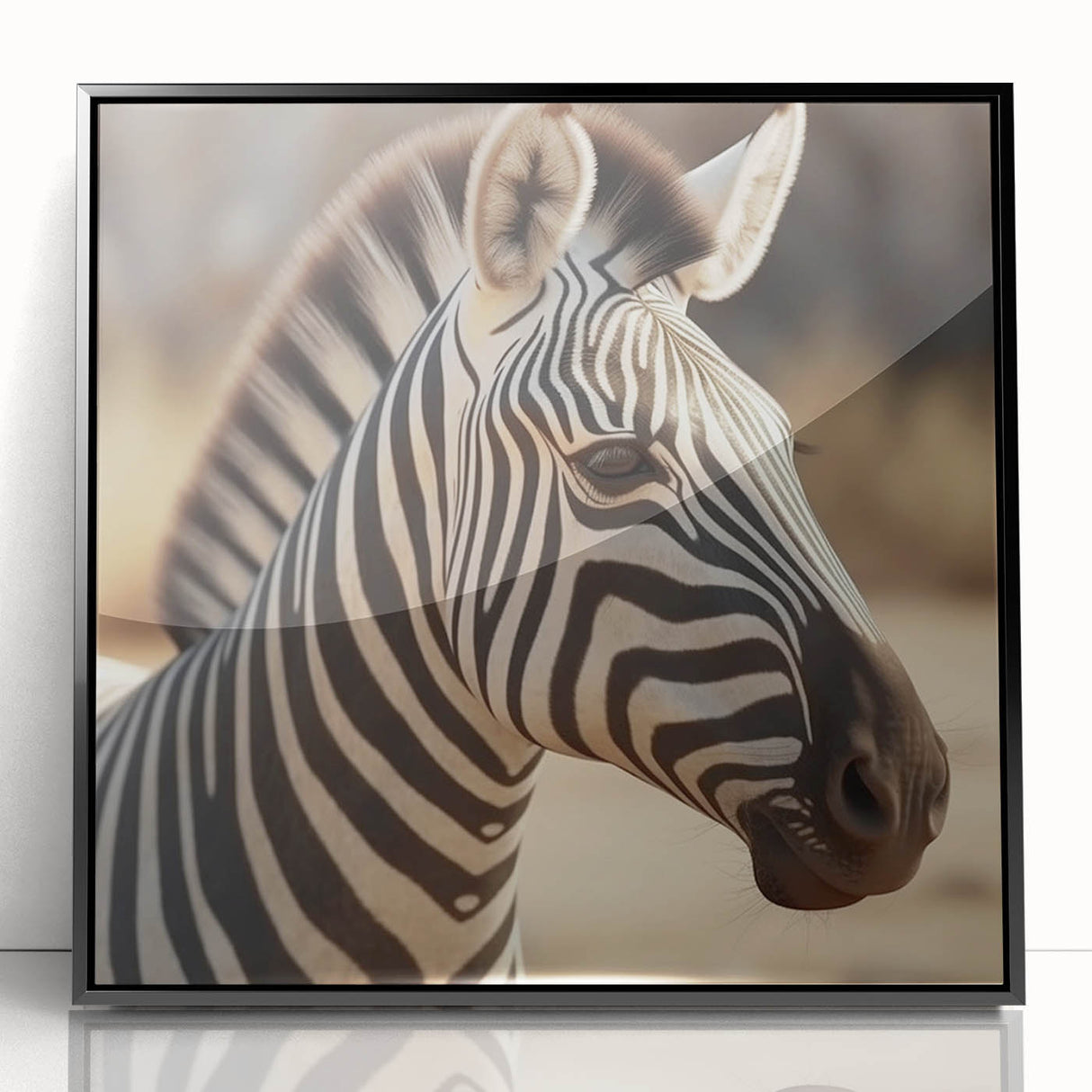 Framed wall art featuring a striking black and white zebra design, set against a sleek black frame, perfect for modern home decor or wildlife enthusiasts.