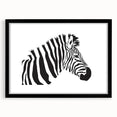 Framed wall art featuring a striking zebra design from the "Animals A Wild Life" collection, with a sleek black frame and mat, perfect for modern decor.