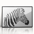 Framed black wall art displaying a striking zebra design from the 'Animals: A Wild Life' collection, showcasing bold monochrome contrasts ideal for modern decor.