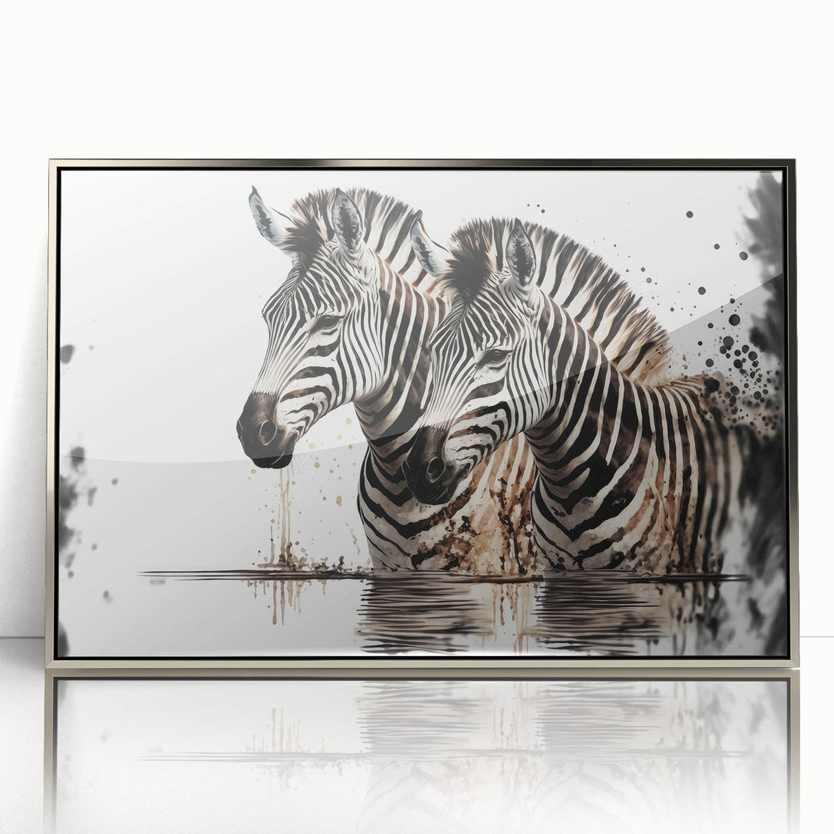 Framed acrylic wall art featuring a striking zebra design on a silver background, showcasing intricate details and vibrant contrasts, ideal for animal-themed decor.