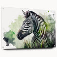 Acrylic wall art piece featuring a vibrant zebra design, showcasing bold black and white stripes, displayed in a side view with decorative pins. Perfect for animal lovers and modern decor enthusiasts.